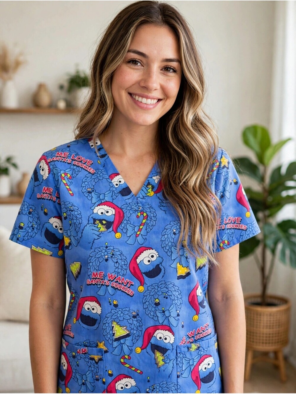 Sesame Street Cookie Monster Christmas Scrub Top M Blue Santa Cookies Candy Cane